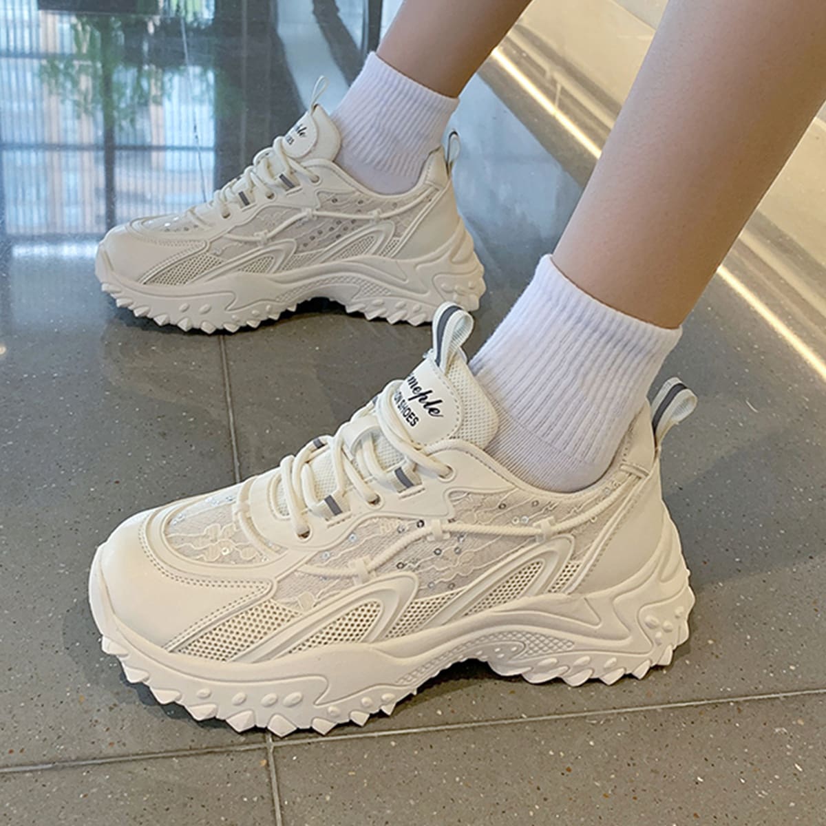 

Lace Up Front Mesh Panel Sneakers, Beige