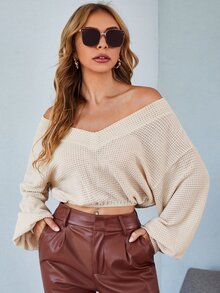 SHEIN Unity V領落肩袖華夫格編織T恤 - 杏色 - 查看 2