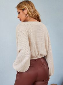 SHEIN Unity V領落肩袖華夫格編織T恤 - 杏色 - 查看 3