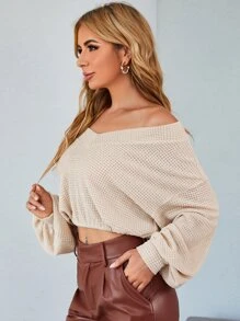 SHEIN Unity V領落肩袖華夫格編織T恤 - 杏色 - 查看 4