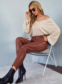 SHEIN Unity V領落肩袖華夫格編織T恤 - 杏色 - 查看 1