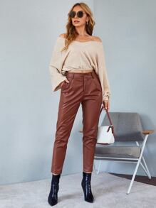 SHEIN Unity V領落肩袖華夫格編織T恤 - 杏色 - 查看 5