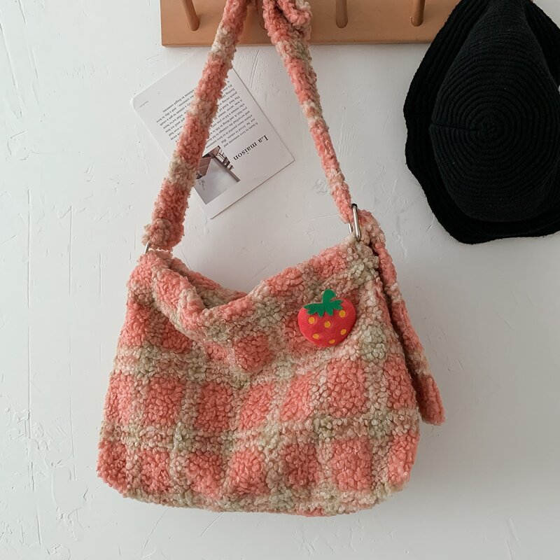 

Plaid Pattern Applique Fluffy Shoulder Bag, Orange