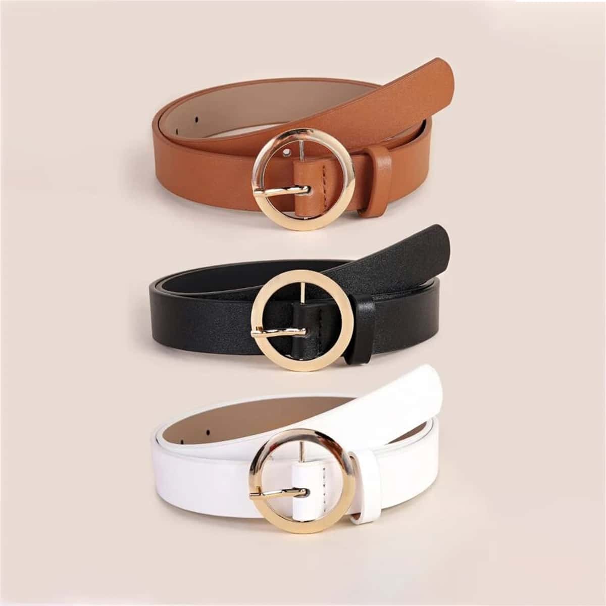 

3pcs Round Buckle Belt, Multicolor