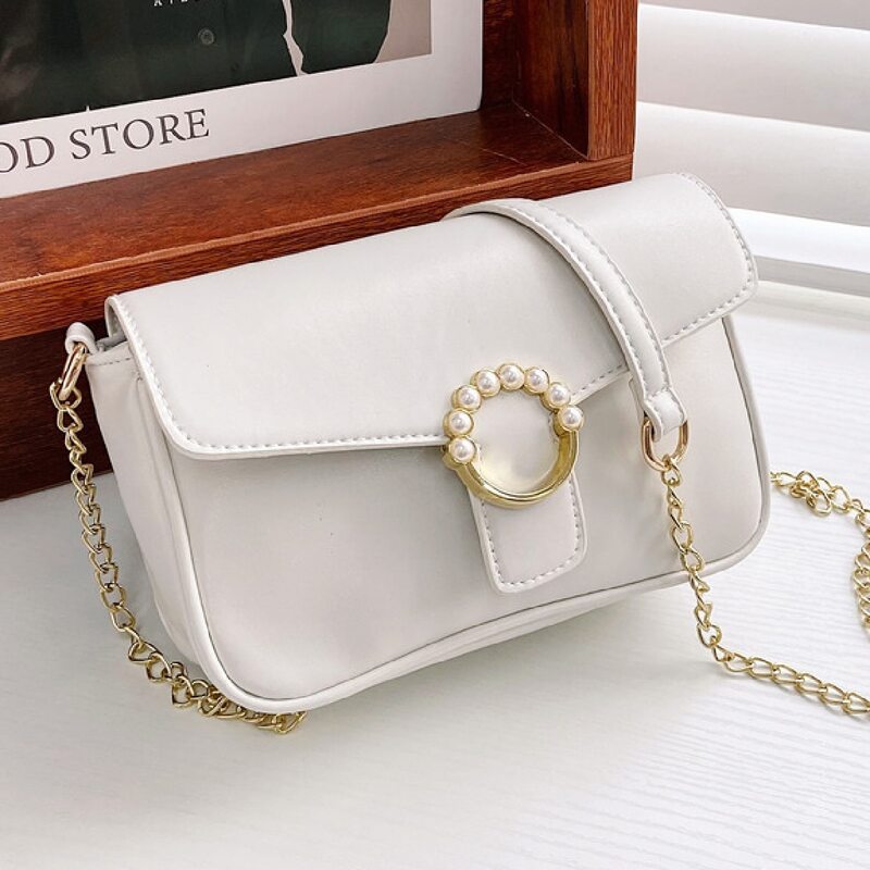 

Faux Pearl Decor Flap Crossbody Bag, White
