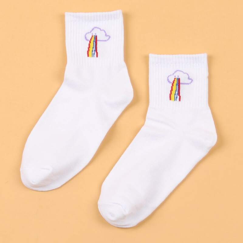 

Cloud & Rainbow Print Crew Socks, Multicolor