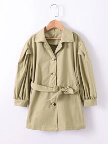 Girls Puff Sleeve Button Front Belted Trench Coat - Khaki - View 1
