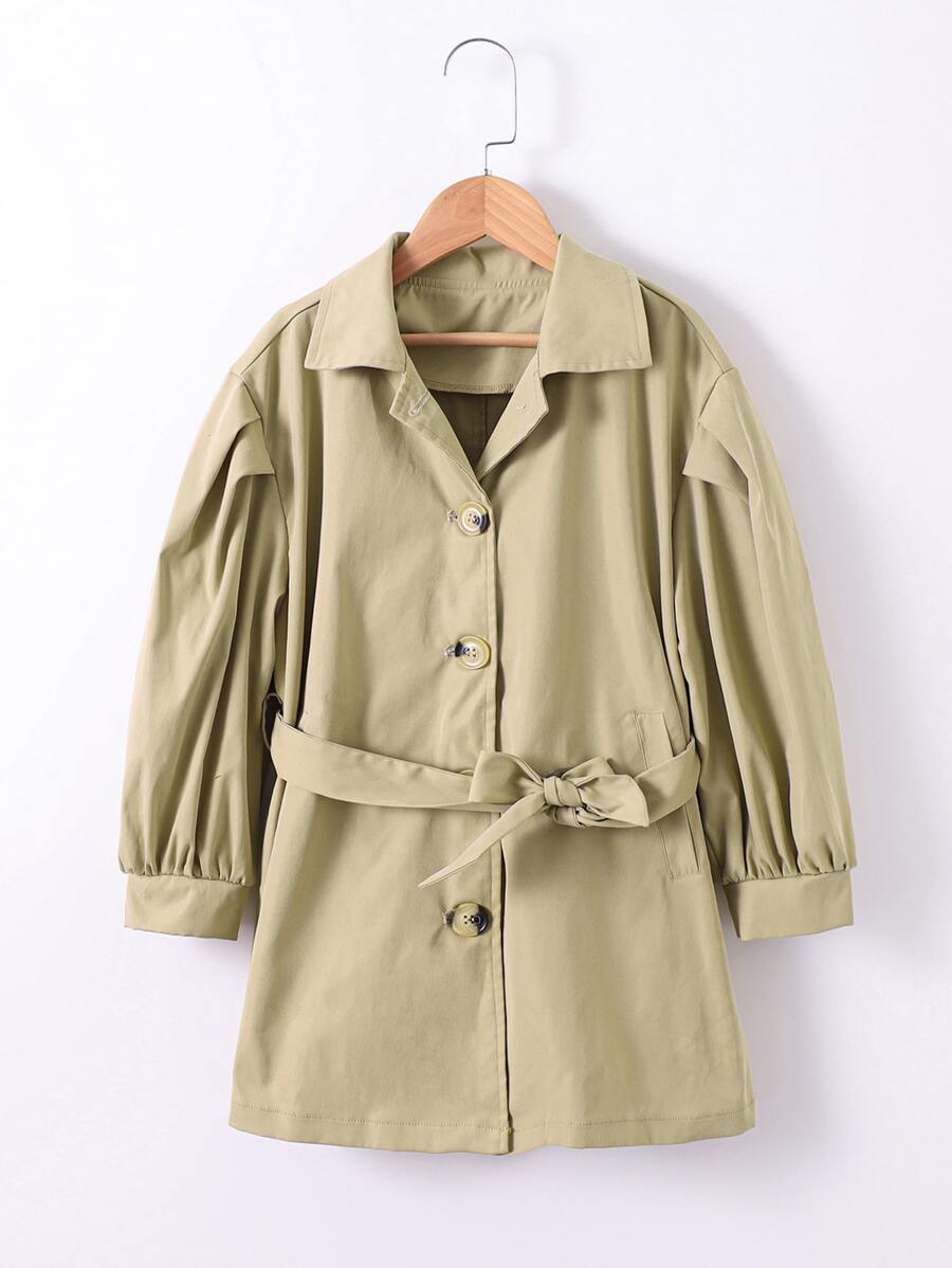 Girls Puff Sleeve Button Front Belted Trench Coat - Khaki - View 1