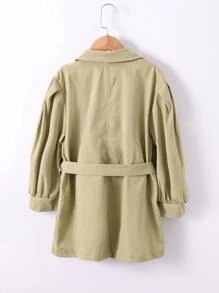 Girls Puff Sleeve Button Front Belted Trench Coat - Khaki - View 2