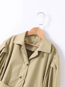 Girls Puff Sleeve Button Front Belted Trench Coat - Khaki - View 3