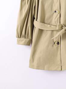 Girls Puff Sleeve Button Front Belted Trench Coat - Khaki - View 4