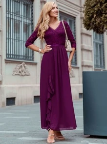 MIUSOL Đầm Tương phản ren Xù Trọn gói màu trơn Thanh lịch - Màu tím - Xem 4