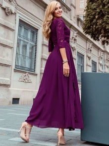 MIUSOL Đầm Tương phản ren Xù Trọn gói màu trơn Thanh lịch - Màu tím - Xem 2