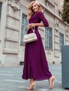 MIUSOL Đầm Tương phản ren Xù Trọn gói màu trơn Thanh lịch - Màu tím - Xem 3