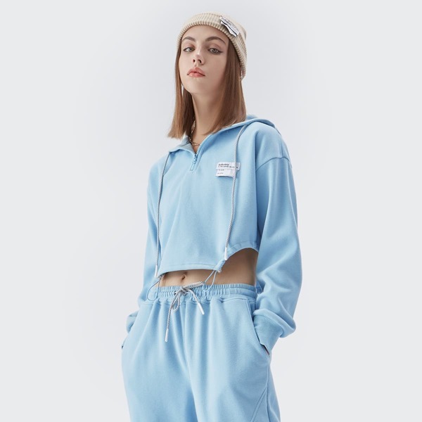 

Letter Patched Half Zip Drawstring Asymmetrical Hem Crop Hoodie, Blue