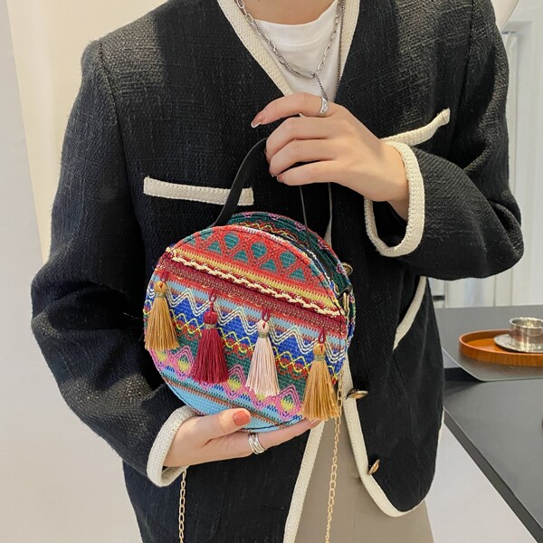 

Tassel Decor Colorblock Nylon Circle Bag, Multicolor