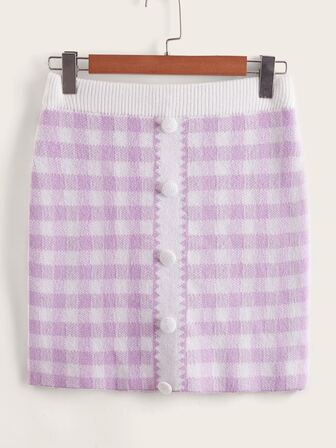 مقاس كبير تنورة محبوك نمط قطني مقلم تفاصيل ازرار