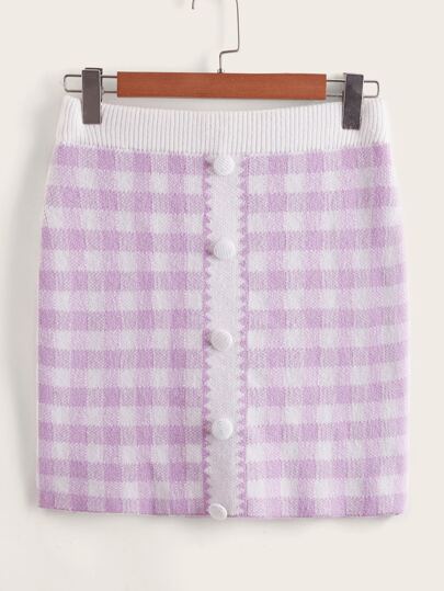 مقاس كبير تنورة محبوك نمط قطني مقلم تفاصيل ازرار