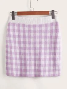 大碼格子圖案紐扣細節針織短裙 - 紫丁香色 - 查看 2
