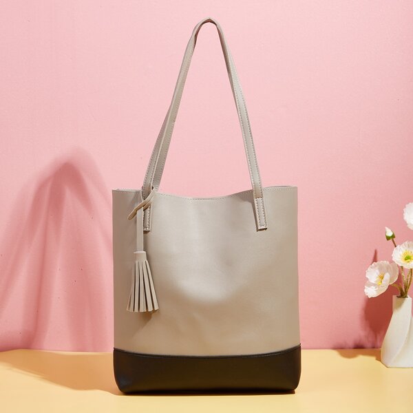 

Tassel Decor Two Tone Tote Bag, Grey