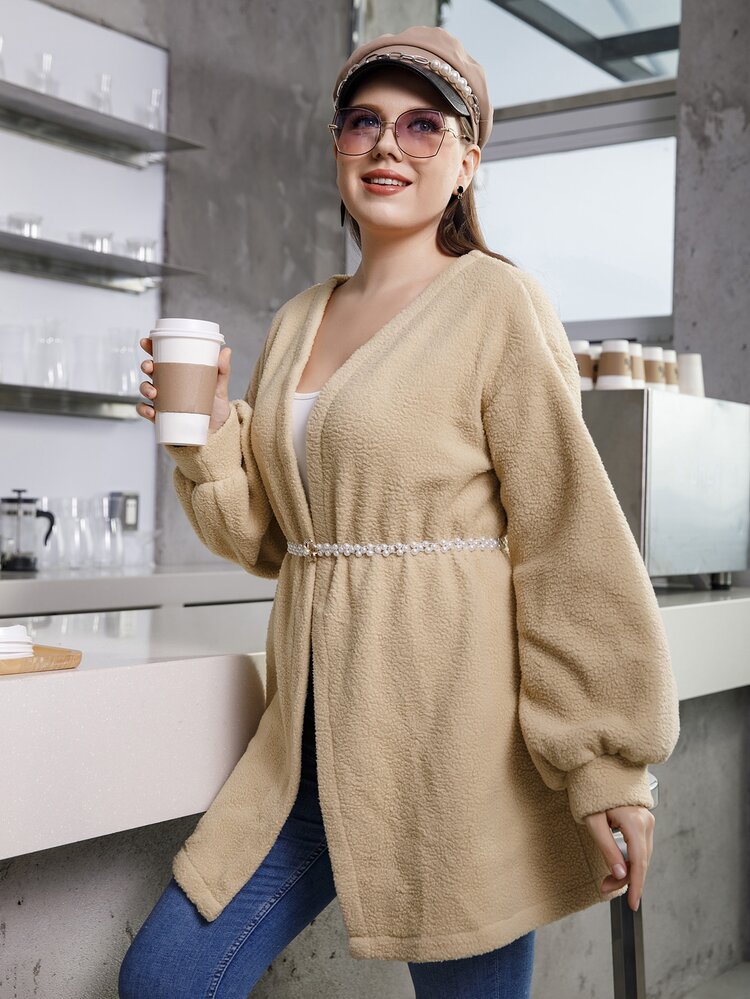 Plus Lantern Sleeve Belted Teddy Coat - Khaki - View 6