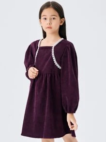 女孩鏤空蕾絲花邊泡泡袖燈芯絨洋裝