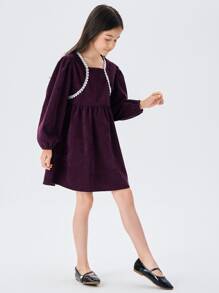 女孩鏤空蕾絲花邊泡泡袖燈芯絨洋裝