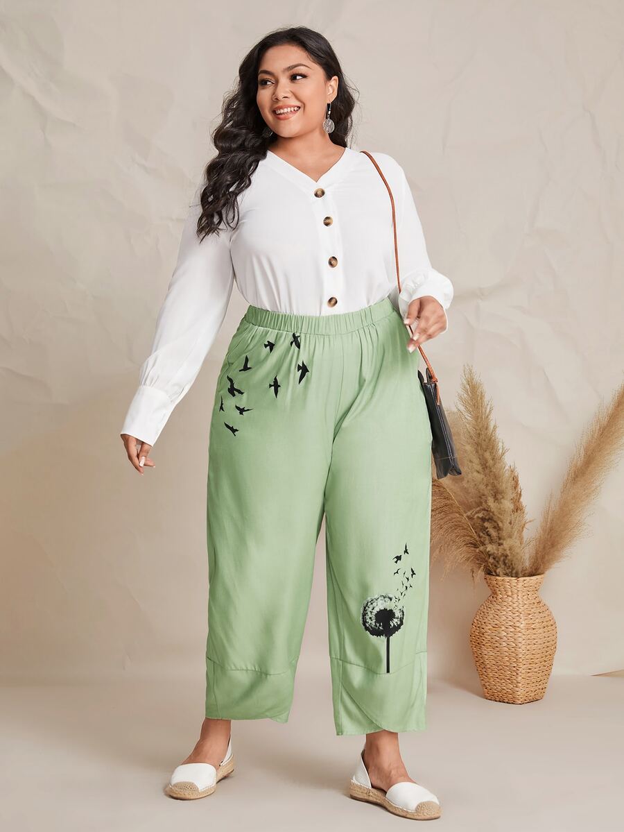 Pantalones diente de león & con estampado de pájaro bajo tulipán - Verde - Ver 1