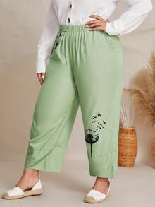 Pantalones diente de león & con estampado de pájaro bajo tulipán - Verde - Ver 3