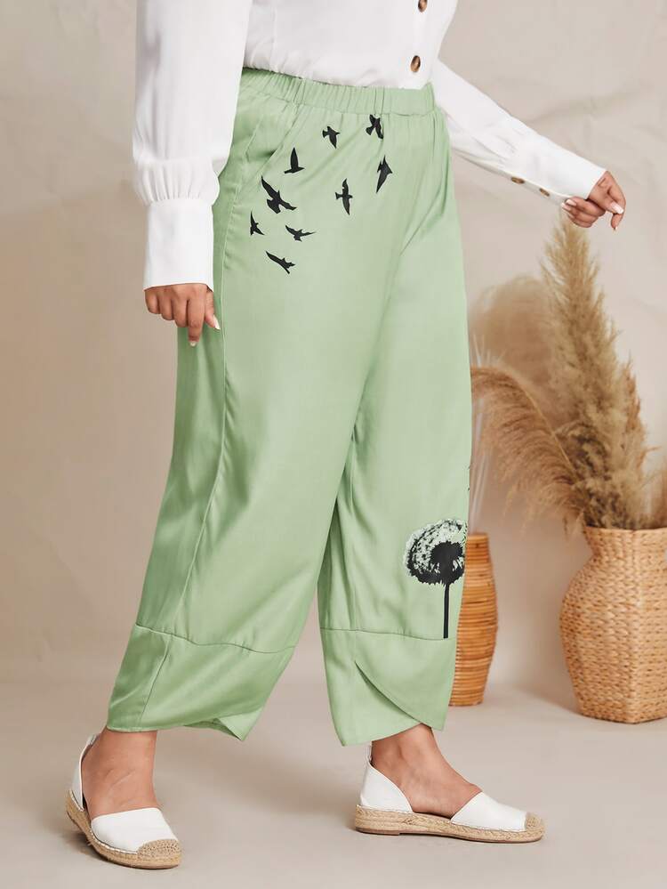 Bolso Animal Plantas ocasional Calças plus size - Verde - Visão 4
