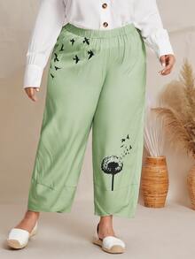 Pantalones diente de león & con estampado de pájaro bajo tulipán - Verde - Ver 5