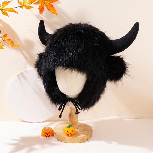 

Men Horn Decor Fuzzy Hat, Black