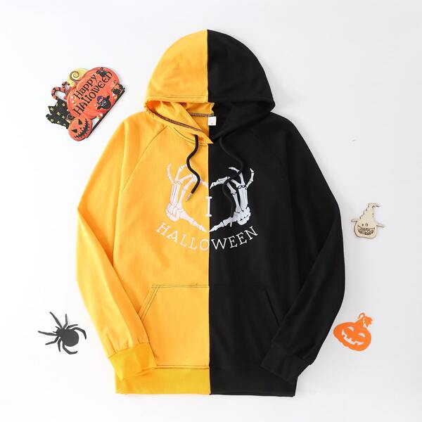 

Halloween Skeleton Hand Print Color Block Hoodie, Multicolor