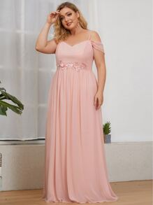 EVERPRETTY Plus Cold Shoulder Embroidery Appliques Sequin Decor Prom Dress - Coral Pink - View 1