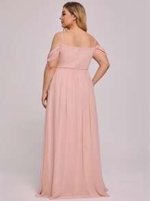 EVERPRETTY Plus Cold Shoulder Embroidery Appliques Sequin Decor Prom Dress - Coral Pink - View 2