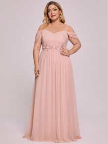 EVERPRETTY Plus Cold Shoulder Embroidery Appliques Sequin Decor Prom Dress - Coral Pink - View 3