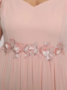 EVERPRETTY Plus Cold Shoulder Embroidery Appliques Sequin Decor Prom Dress - Coral Pink - View 4