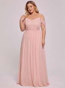EVERPRETTY Plus Cold Shoulder Embroidery Appliques Sequin Decor Prom Dress - Coral Pink - View 5