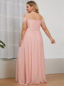 EVERPRETTY Plus Cold Shoulder Embroidery Appliques Sequin Decor Prom Dress - Coral Pink - View 7