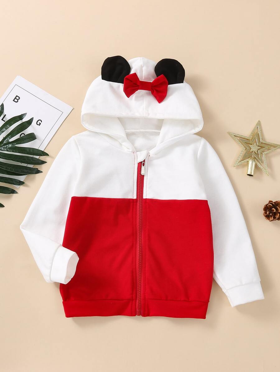 SHEIN Áo nỉ hai màu cho bé gái, có tai 3D được vá và nơ phía trước. - Đỏ và trắng - Xem 1