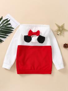 SHEIN Áo nỉ hai màu cho bé gái, có tai 3D được vá và nơ phía trước. - Đỏ và trắng - Xem 2