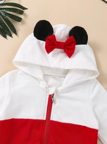 SHEIN Áo nỉ hai màu cho bé gái, có tai 3D được vá và nơ phía trước. - Đỏ và trắng - Xem 3