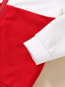 SHEIN Áo nỉ hai màu cho bé gái, có tai 3D được vá và nơ phía trước. - Đỏ và trắng - Xem 4