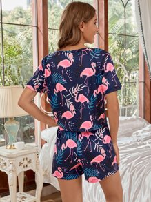 Flamingo & Tropical Print Bow Waist PJ Set / Pajama Set - Multicolor - View 2