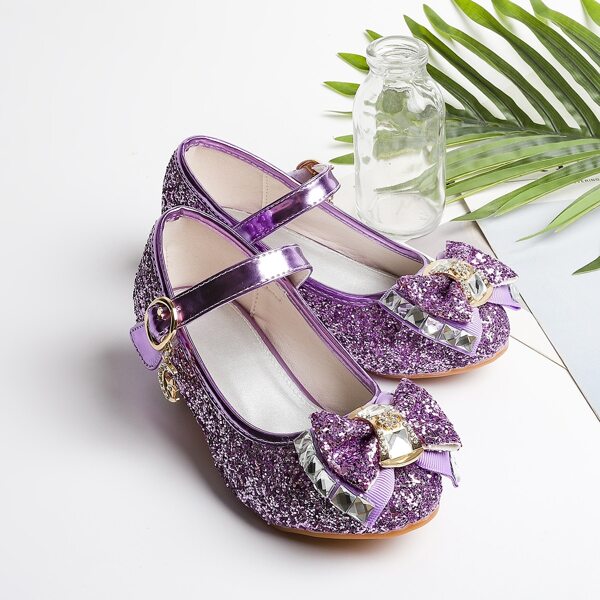 

Girls Glitter & Bow Decor Velcro Strap Flats, Purple