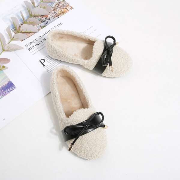 

Girls Bow Decor Fluffy Flats, Beige