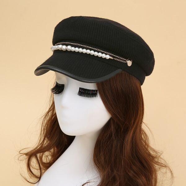 

Faux Pearl Decor Baker Boy Hat, Black