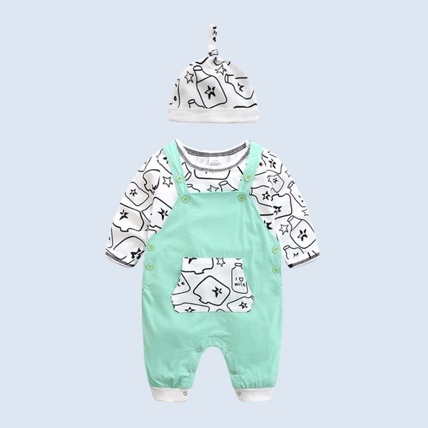 

Baby Cartoon Graphic Top & Overall Jumpsuit With Hat, Multicolor