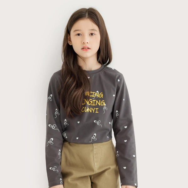 

Girls Heart & Letter Graphic Tee, Dark grey
