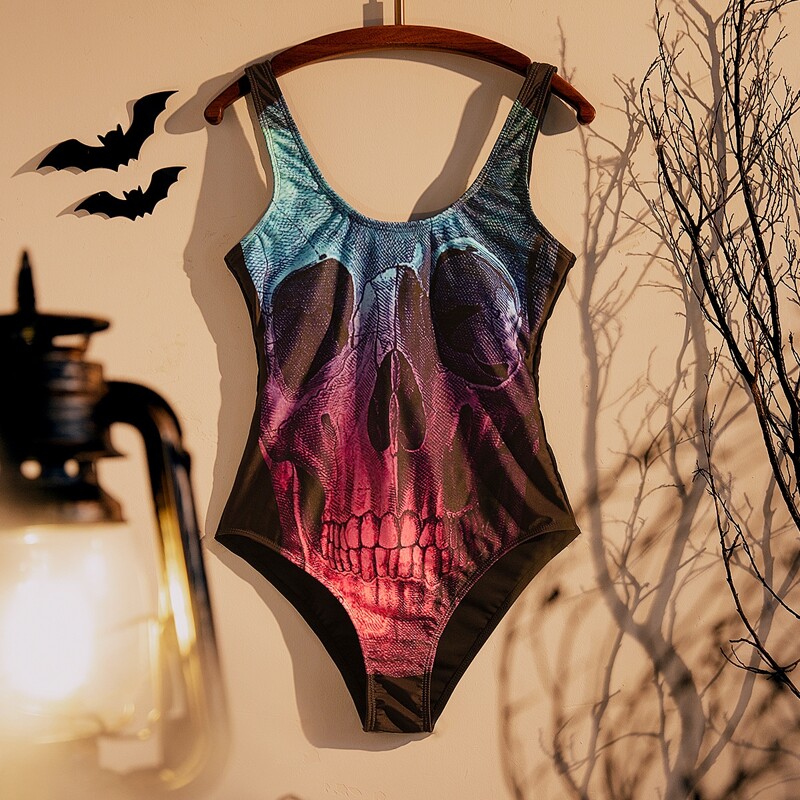 

Halloween Skull Print One Piece Swimsuit, Multicolor